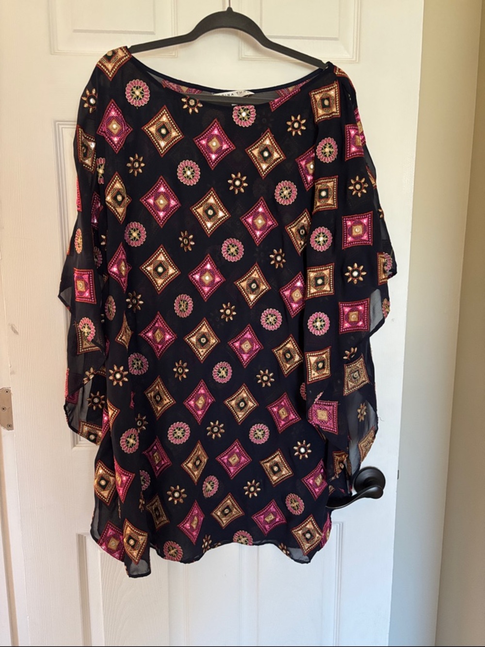 Trina Turk Black Swim Cover up  with Pink & Gold Geometric Print